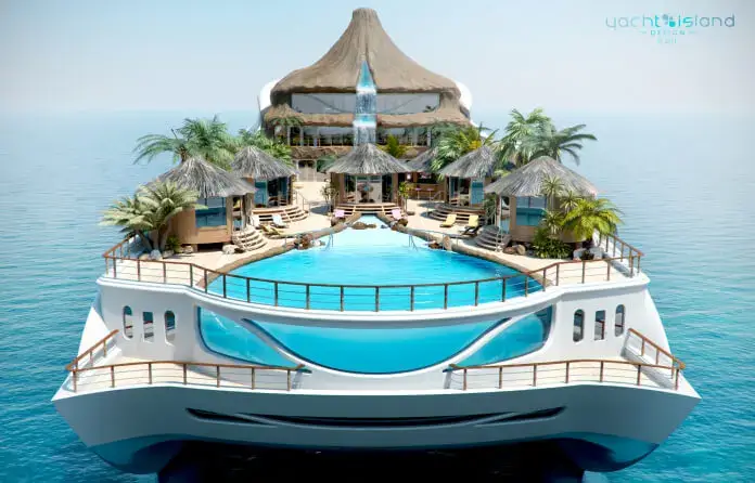 Das Hauptdeck ist wie privater Strand entworfen mit einem Swimming-Pool, der von Palmen und kleinen Hütten umgeben ist.