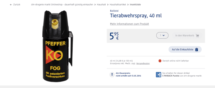 "animal deterrent spray" on sale at dm.de [screenshot: dm.de]