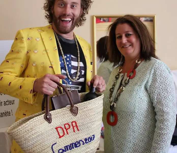 Sillicon Valley's and emoji the Movie star TJ MILLER with DPA CEO Nathalie Dubois- The DPA cannes gifting suite 2017 at the Carlton Hotel